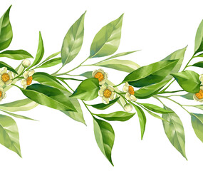 Seamless border with tea branches. Floral garland of tea leaves and flowers. Design and decoration of tea packaging © Gribanessa