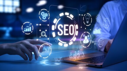 SEO, Search engine optimization, Businessman uses a laptop to analyze SEO, Website ranking, Search engine ranking