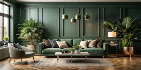 Fototapeta premium Luxurious modern living room with dark green walls, a contemporary sofa, and stylish plants