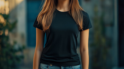Young Beautiful Woman Wearing Blank Black T-Shirt Mockup for Clothing Design Presentation