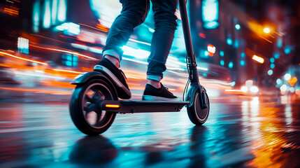 Close-up of a person riding an electric scooter on a city street at night - sustainable electric mobility concept