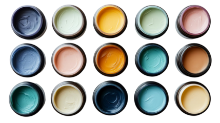A vibrant collection of paint jars showcasing a palette of diverse colors, perfect for art projects and creative inspiration.