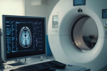 Modern medical equipment displaying brain scan image in hospital room
