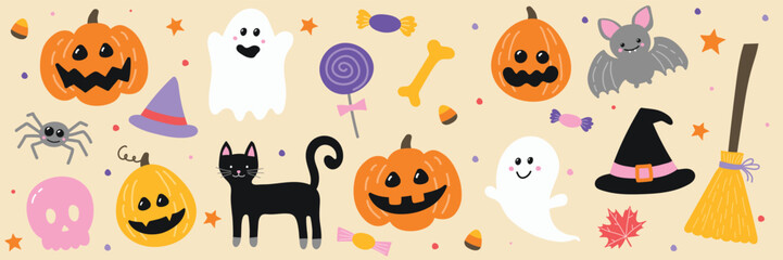 Cute hand drawn icons for Halloween. Set. Vector illustration