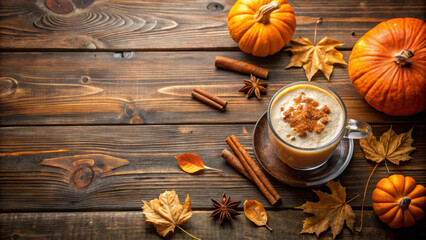 Warm pumpkin spice latte in glass cup surrounded by autumn leaves, pumpkins, and cinnamon sticks creates cozy fall atmosphere