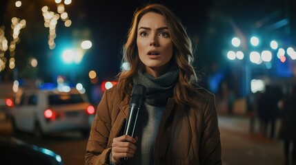 Reporter conducting a live news segment on a busy city street at night