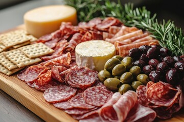 Antipasto platter with prosciutto crudo or jamon, ham, salami, cheese, olives and grapes/ Elegant charcuterie board with a variety of cured meat.