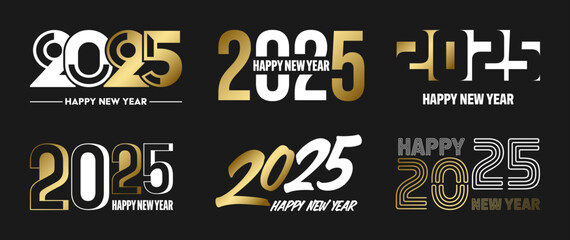 Naklejka premium Set of 2025 Happy New Year greeting text designs. Christmas banner, poster, festive greeting card or seasonal promotion template. Collection of 2025 numbers with greetings. Vector illustration