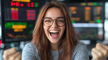 Excited woman celebrates success in financial trading at a market office