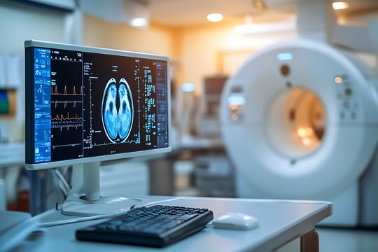 Magnetic resonance imaging scan showing brain activity on computer in hospital laboratory