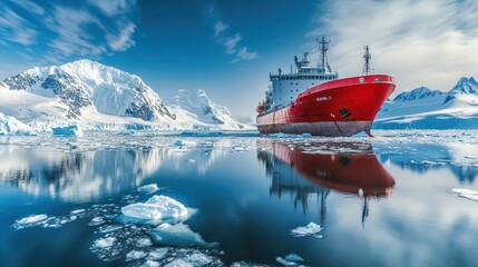 Obraz premium Cargo ship on an ice floe in the winter ocean or sea