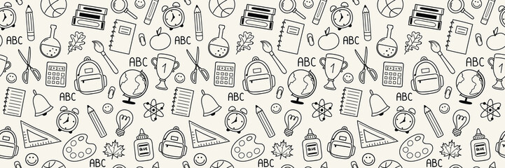 Cute school background with cartoon icons. Seamless pattern. Banner. Vector illustration