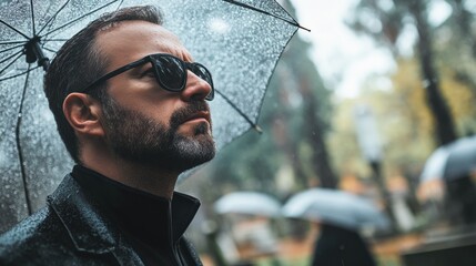 Man with a beard wearing sunglasses under an umbrella in the rain