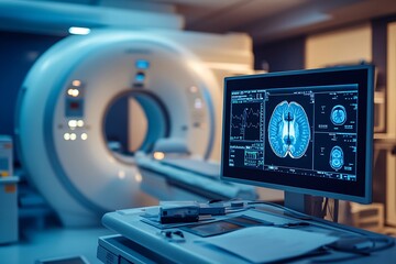 Mri machine showing brain scan image on computer in hospital room