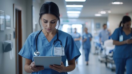 Medical assistant checking patient information on digital tablet in a busy clinic hallway filled with patients