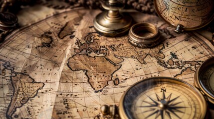 Naklejka premium Antique World Map with Compass and Globe