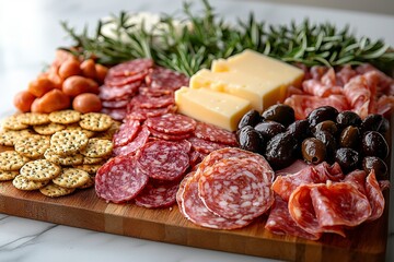 Obraz premium Antipasto platter with prosciutto crudo or jamon, ham, salami, cheese, olives and grapes/ Elegant charcuterie board with a variety of cured meat. 