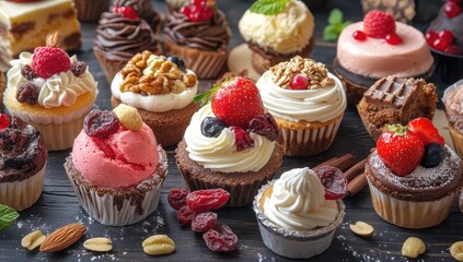 assorted gourmet cupcakes with various toppings arranged on dark table