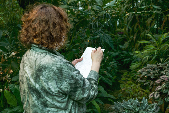 middle-aged woman draws nature, green leaves from nature. Painter