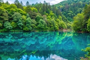 Naklejka premium Pristine turquoise lake surrounded by dense green forest.