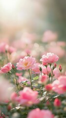 Obraz premium Delicate pink roses blooming in a sunlit garden during springtime