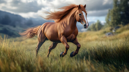 Fototapeta premium Friendly Horse Trotting Through a Grassy Field