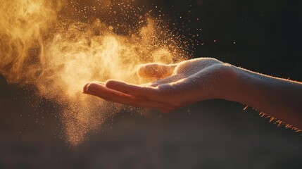 Fototapeta premium Closeup of powder dust being blown from a palm, soft lighting