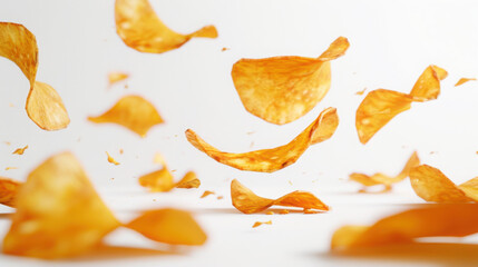 Naklejka premium Peri Peri Fruit chips, crispy, falling on a plain white background. Hyperrealistic, cinematic and high quality
