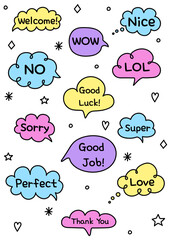 Speech ballon set. Cartoon style speech bubbles with handwritten text. Vector illustration