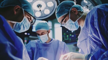 Medical tech in action during critical surgery with focus on precision and teamwork under bright surgical lights