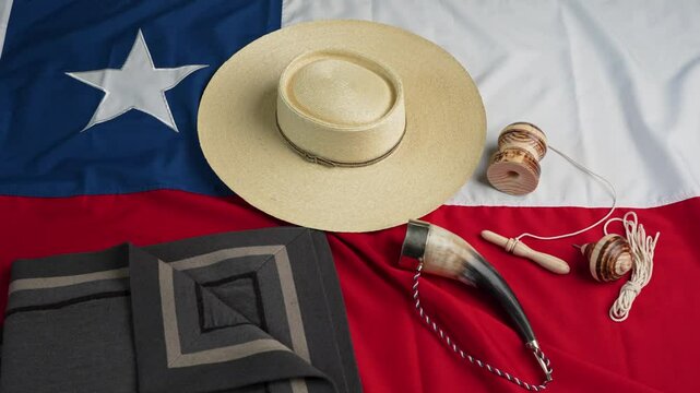 fondo chamanto de lana, chupalla y emboque sobre la bandera de Chile, celebraci&oacute;n fiestas patrias