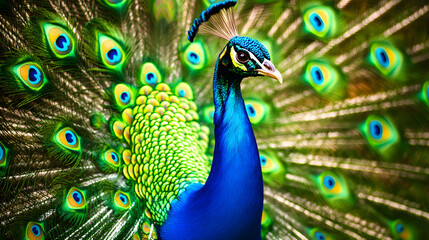 Fototapeta premium Vibrant Peacock Displaying Its Colorful Feathers