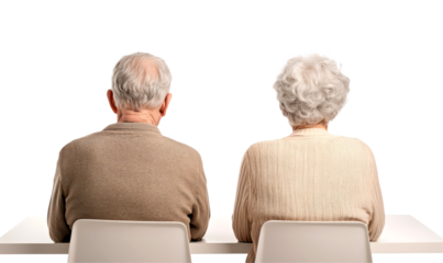 Tender moment showcasing elderly couple sitting together isolate on transparent background, cutout, png