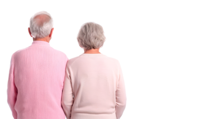 Elderly couple in matching pink attire, sharing a quiet moment together isolate on transparent background, png, cutout