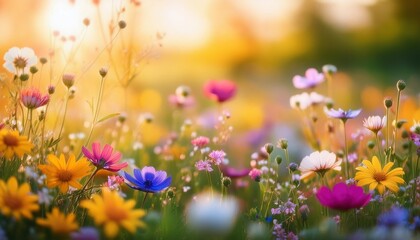 Blooming wildflowers nature background with depth of field for a vibrant and colorful spring scene
