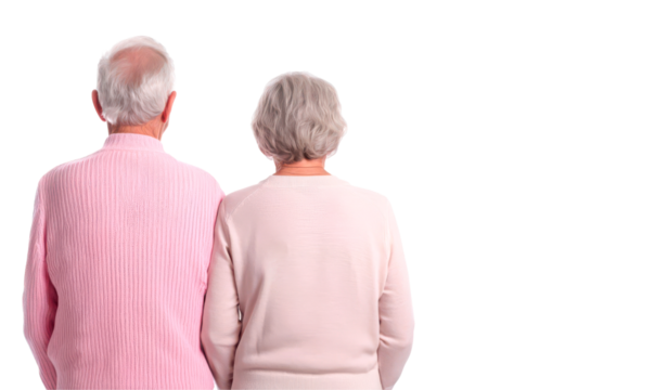 Elderly couple in matching pink attire, sharing a quiet moment together isolate on transparent background, png, cutout