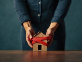 Person with hands tied by red tape standing in front of a locked house, mortgage default, loan restrictions