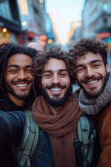 Naklejka premium A group of tourists are smiling and posing for selfies on the street.
