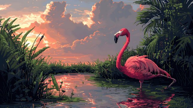 A pixelated flamingo wading through a pixelated. AI generated