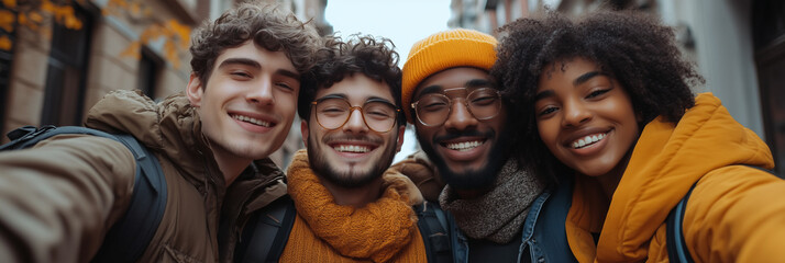 Fototapeta premium A group of tourists are smiling and posing for selfies on the street.