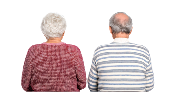 Elderly couple seen from behind isolate on transparent background, png, cutout