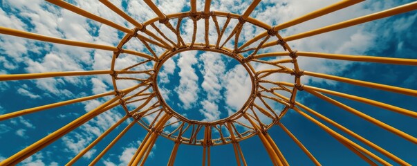 Looking up at the intricate frame of a traditional yurt against a bright blue sky with scattered clouds, showcasing the craftsmanship and simplicity of nomadic architecture.