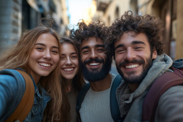Fototapeta premium A group of tourists are smiling and posing for selfies on the street.
