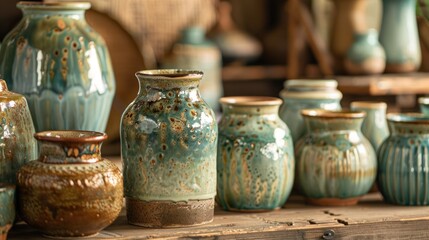 Ceramic Vases Displayed on Wooden Shelf