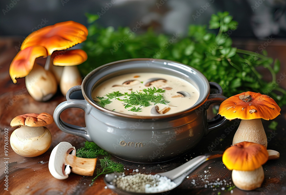 Wall mural bowl of mushroom cream soup. beautiful serving, delicious home-cooked food, dish in the restaurant