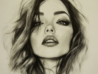 Detailed charcoal drawing of a woman with wavy hair and striking features