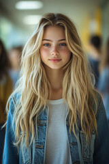 Obraz premium High school girl looks at the camera with confidence in the hallway, attending class.
