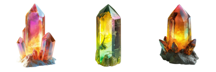 Set of alien crystal with mystical glow isolated on a transparent background