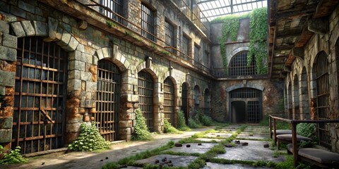 Fototapeta premium A decrepit, stone-walled cellblock with rusty bars, crumbling brick, and ivy-covered architecture stands as a testament to forgotten era, its history etched on weathered walls.