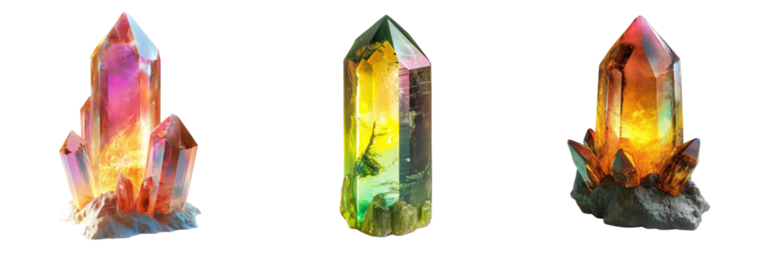 Set of alien crystal with mystical glow isolated on a transparent background